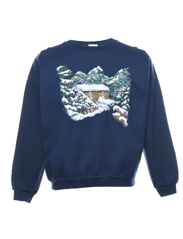 Navy Printed Christmas Sweatshirt - M Hoodie with Ribbed Cuffs Snug Fit Comfort