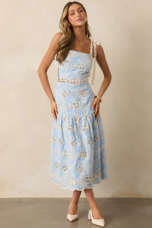 Rooftop Romance Sky Blue Floral Embroidered Midi Dress Tunics Plaid country