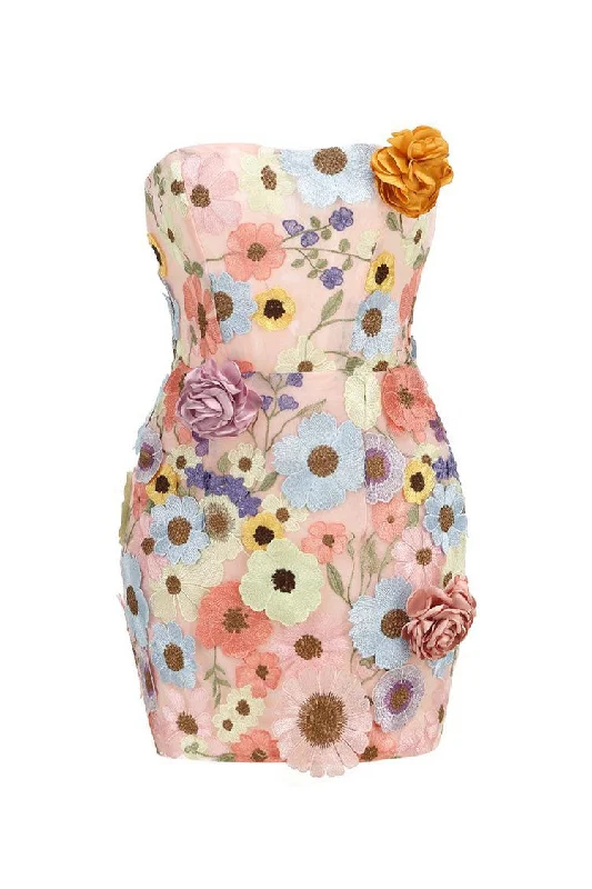 Romantic Flower Embroidered Strapless Lace Up Mesh Party Mini Dress Tunics Summer linen Romantic Flower Embroidered Strapless Lace Up Mesh Party Mini Dress Tunics Summer linen