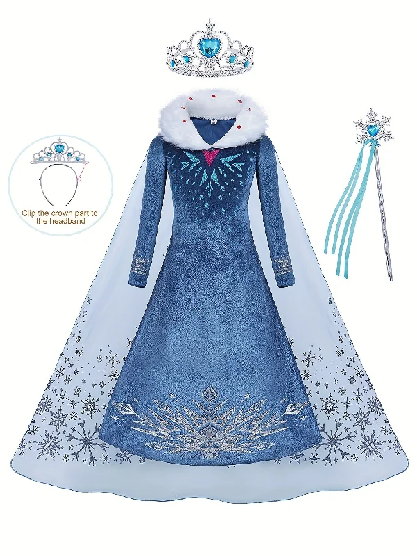 Girl's Princess Dress, Furry Collar Mesh Cape Snowflake Print Long Sleeve Dress, Ice Snow Queen For Halloween Holiday Party Prom Birthday Performance Tunics Practical durable