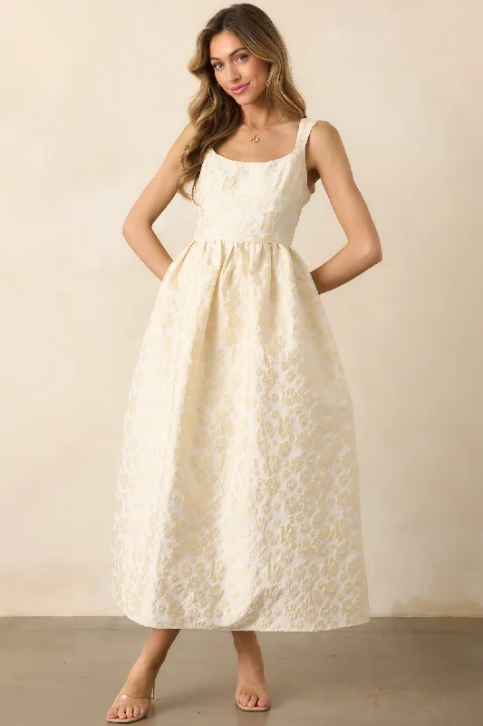 Full Dance Card Butter Yellow Floral Jacquard Midi Dress Tunics Spring floral