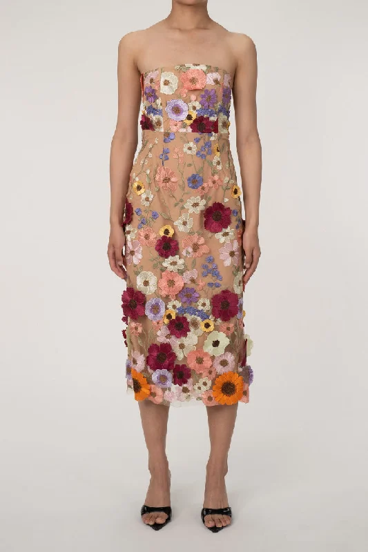 Fairytale Flower Embroidered bodycon Strapless Cocktail Party Midi Dress Tunic Top Casual Fairytale Flower Embroidered bodycon Strapless Cocktail Party Midi Dress Tunic Top Casual
