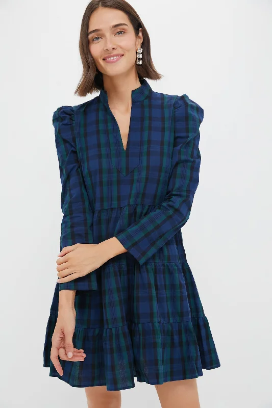 Blackwatch Long Sleeve Tunic Flare Dress Boat Neckline Classic