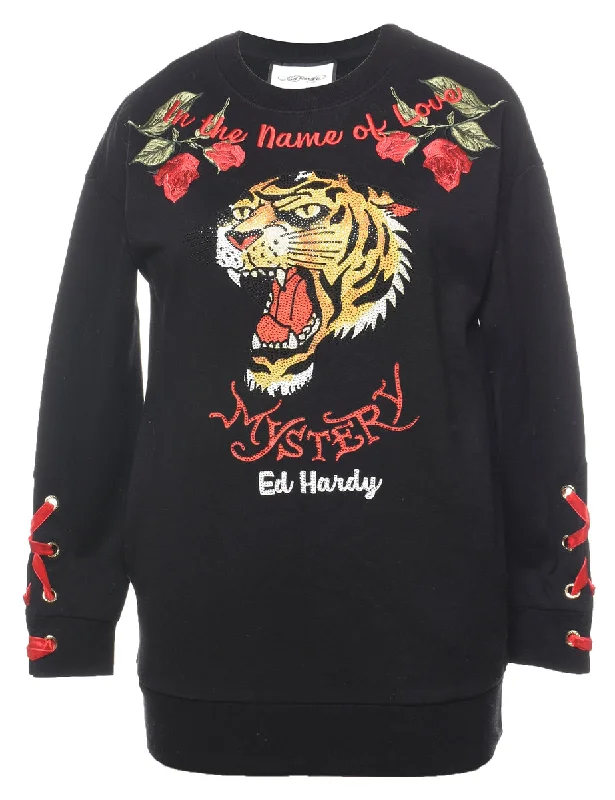 Embroidered & Sequined Ed Hardy Y2K Sweatshirt - S Hoodie with Crew Neck Simple Timeless Embroidered & Sequined Ed Hardy Y2K Sweatshirt - S Hoodie with Crew Neck Simple Timeless