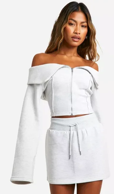 Bardot Off The Shoulder Zip Through Sweatshirt And Skirt Set Hoodie with Mesh Breathable Sporty