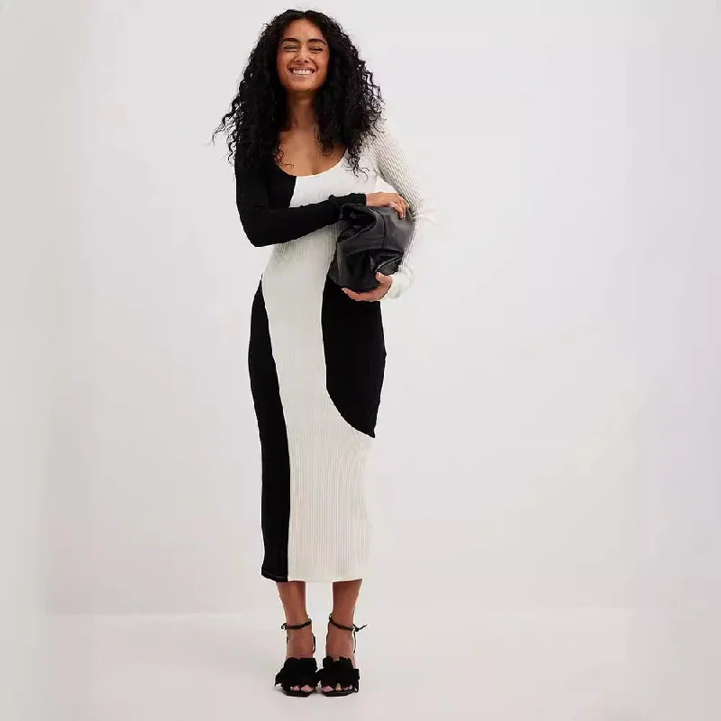 IKEARLAX Europe, America autumn and winter dress cross-border women's clothing new knitted 2025 trade black and white pair long-sleeved sweater dress Pencil Office Professional IKEARLAX Europe, America autumn and winter dress cross-border women's clothing new knitted 2025 trade black and white pair long-sleeved sweater dress Pencil Office Professional