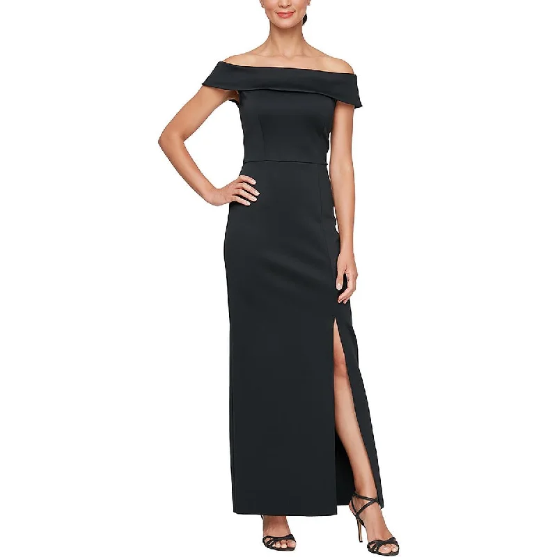 Womens High Front Slit Cold Shoulder Evening Dress Crew Neckline Casual