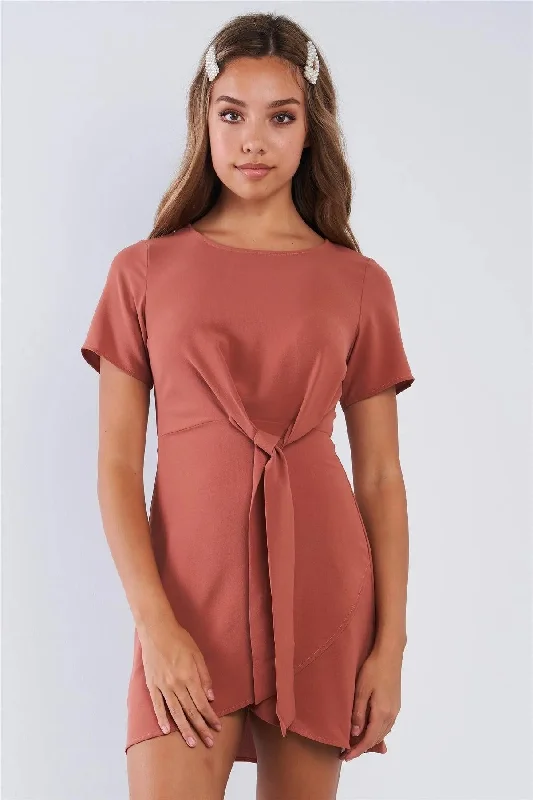 Short Sleeve Knotted Crew Neck Chic Mini Dress sweetheart Neckline Romantic