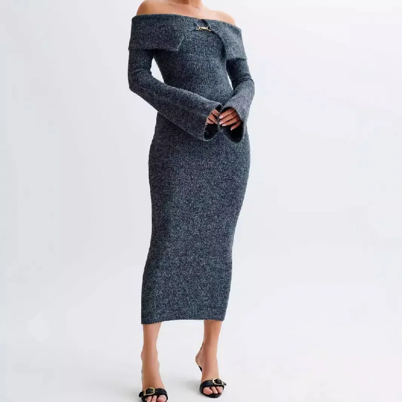 IKEARLAX Knitted sweater dress flared sleeve long dress dress sweater 2025 women's clothing new one-word collar long dress Tunics Fashionable chic IKEARLAX Knitted sweater dress flared sleeve long dress dress sweater 2025 women's clothing new one-word collar long dress Tunics Fashionable chic