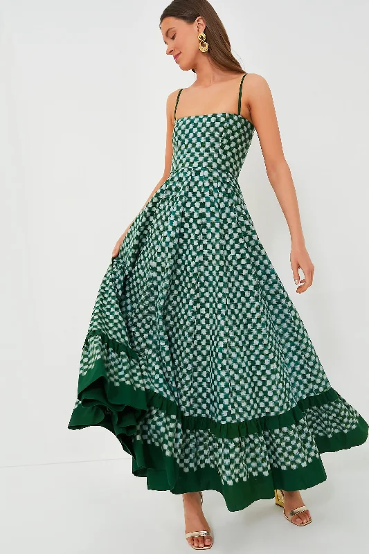 Green Checkmate Dress Elegant Long Evening