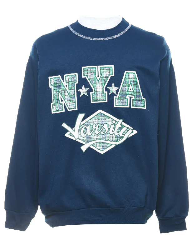 Patchwork NYA Varsity Printed Navy & Green Sweatshirt - L Hoodie with Relaxed Fit Easy Casual Patchwork NYA Varsity Printed Navy & Green Sweatshirt - L Hoodie with Relaxed Fit Easy Casual