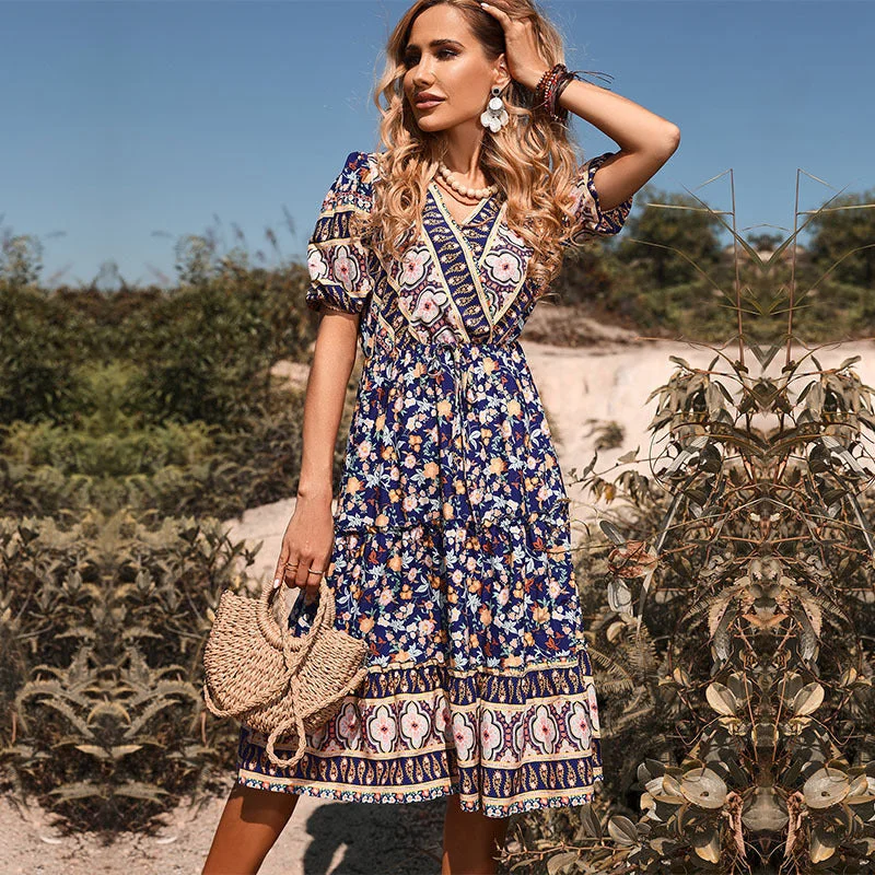 IKEARLAX summer skirt short-sleeved ethnic style print v-neck bohemian dress for women Bodycon Club Sequined IKEARLAX summer skirt short-sleeved ethnic style print v-neck bohemian dress for women Bodycon Club Sequined