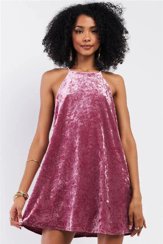 Pink Rose Velvet Square Halter Neck Mini Dress A-Line Day Work