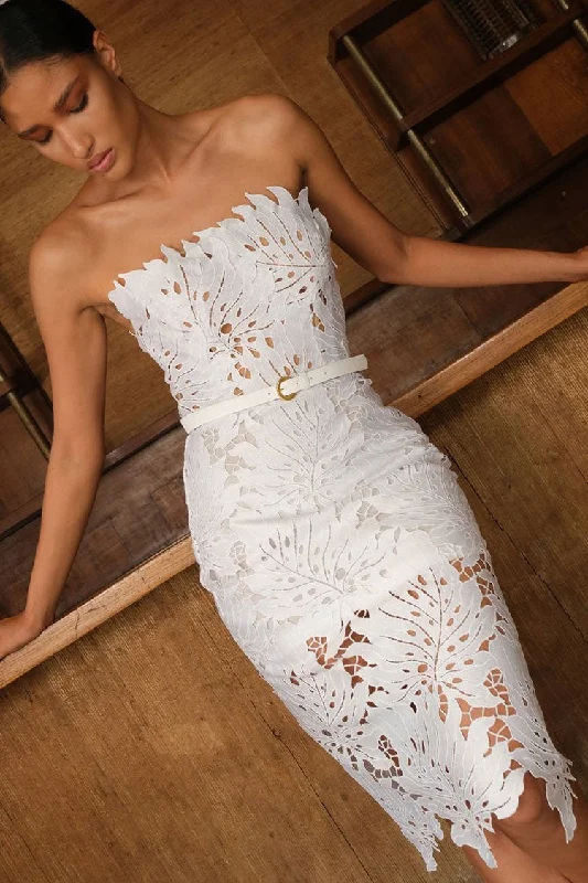 Glamorous Leaf Laser Cut Strapless Bandage Cocktail Midi Dress - White Tunics Chinos classic Glamorous Leaf Laser Cut Strapless Bandage Cocktail Midi Dress - White Tunics Chinos classic