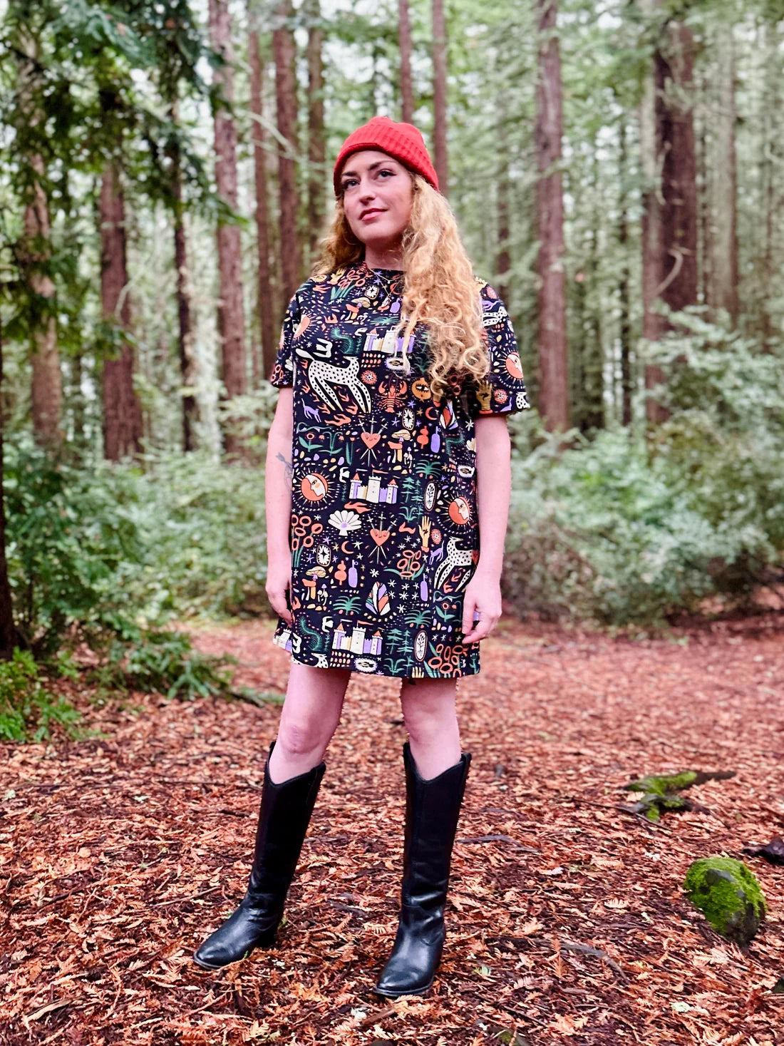 Nooworks Tee Dress in Tarot Garden Square Neckline Feminine