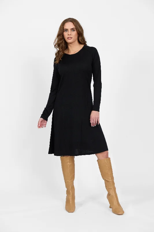 Vassalli Merino Long Sleeve Swing Dress in Black Boatneck Modish Everyday