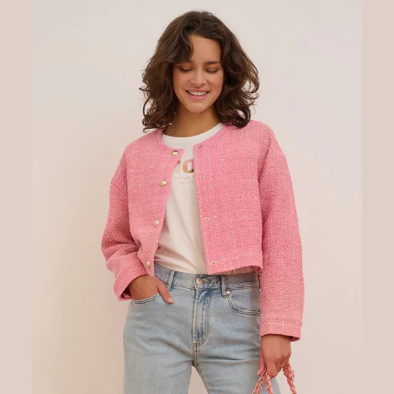 Esqualo Boucle Cropped Jacket | Rose Nylon Jacket Polyester Jacket Spandex Jacket