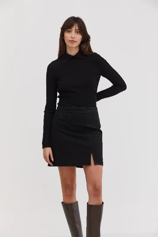 Ulla Denim Mini Skirt Black asymmetrical skirt cut