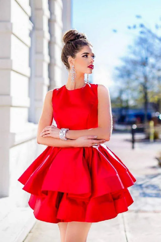 Sleeveless Satin Short Red Homecoming Gowns with Tiered Skirt lace skirt intricate