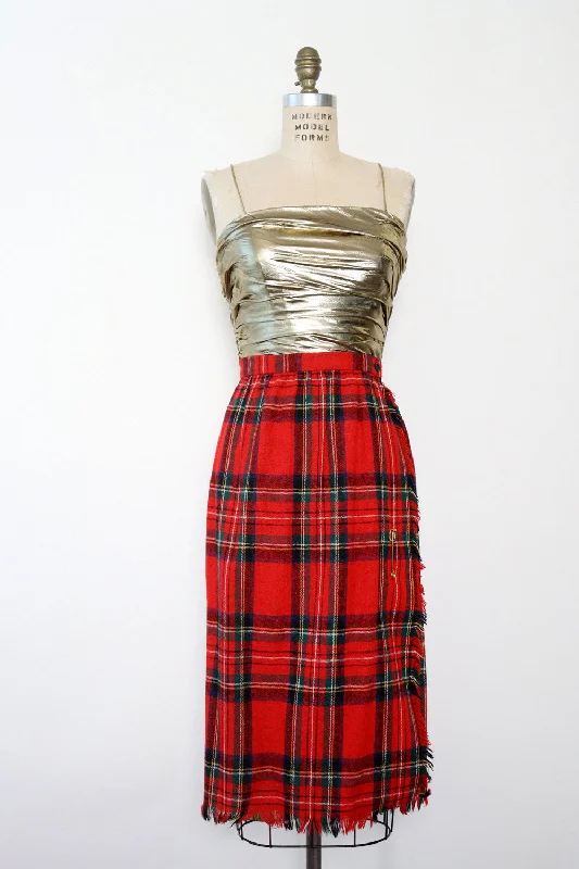 Red Plaid Kiltie Skirt M maxi skirt elegant