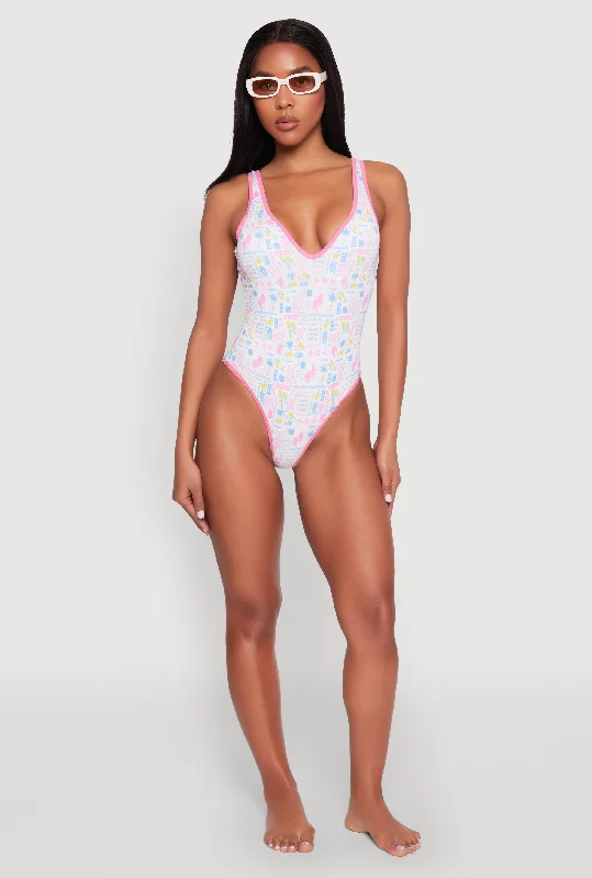 Tropical Geometric Patterned One Piece Swimsuit Trendy Swimsuit Bottoms