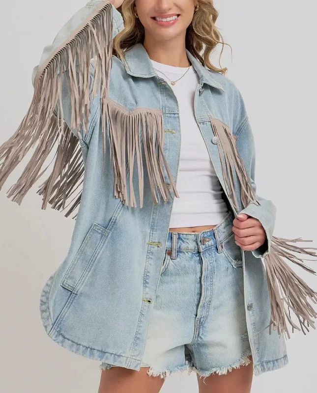 Womens Vintage Inspired Denim Fringe Jacket V-Neck Jacket Boat Neck Jacket Square Neck Jacket Womens Vintage Inspired Denim Fringe Jacket V-Neck Jacket Boat Neck Jacket Square Neck Jacket