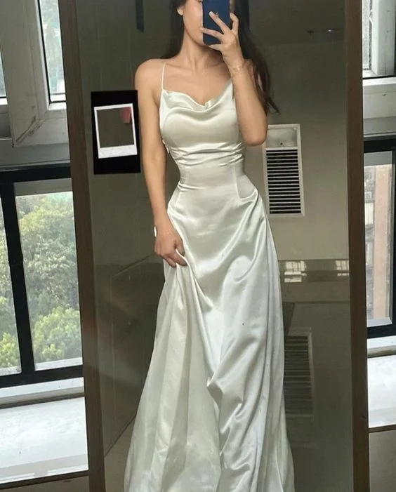 White Straps A-Line Satin Long Party Dress Evening Dress, DP2977 Tunics Brand named