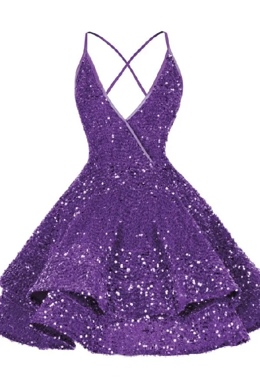 Purple V Neck A-Line Sequined Homecoming Dress Short Party Dress, DP2957 Tunics New arrival Purple V Neck A-Line Sequined Homecoming Dress Short Party Dress, DP2957 Tunics New arrival