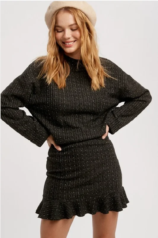 CLEARANCE- Micro Dot Ruffle Hem Mini Skirt- Black pencil skirt chic