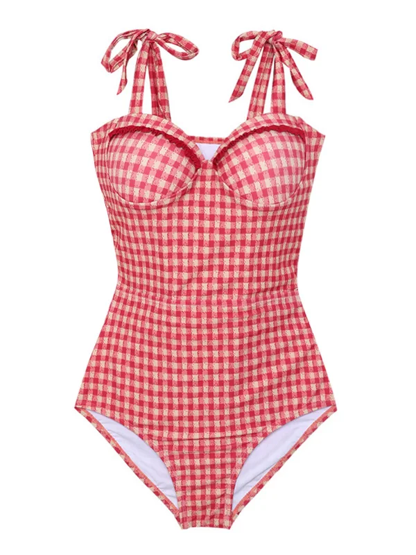 Red 1950s Checked Back Cut-Out Swimsuit Elegant Halter Bikini