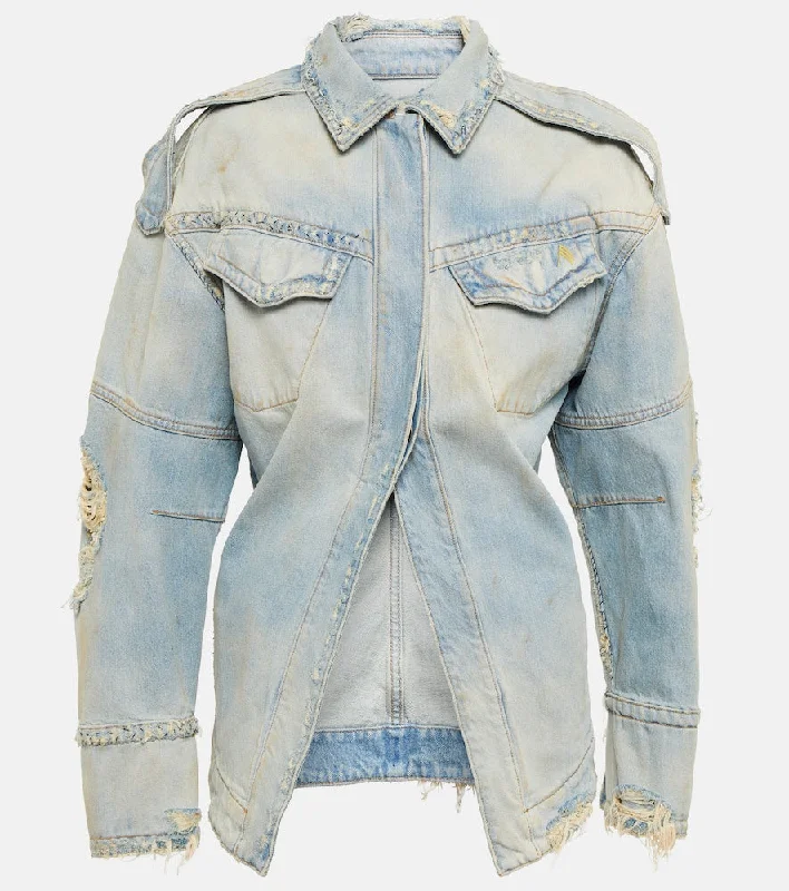 The Attico Distressed denim jacket Ribbed Jacket Pleated Jacket Ruffled Jacket
