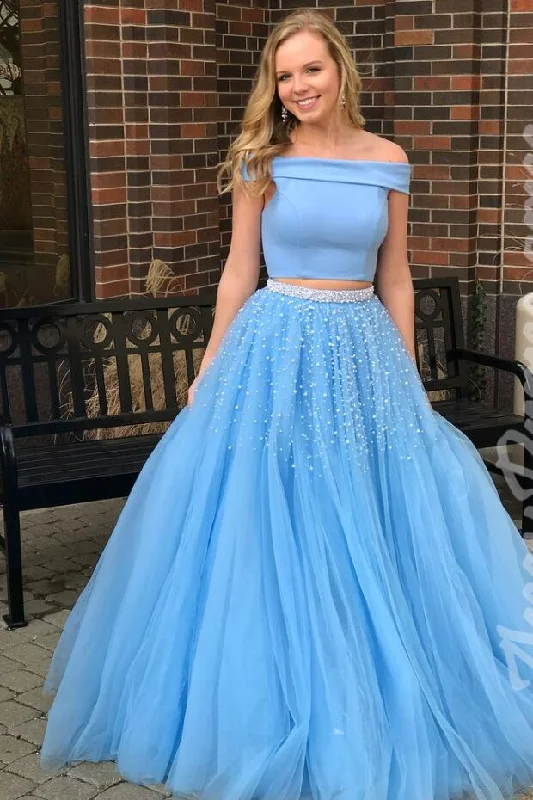 Sky Blue Tulle Two-piece Prom Gown with Pearls Skirt wool skirt breathable