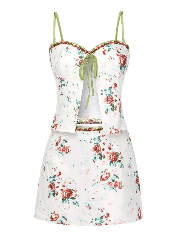 2PCS 1960s Floral Strap Slit Vest & Lace Skirt wool skirt breathable