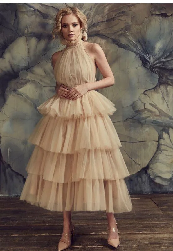 Tulle High-Neck Champagne Prom Gown with Tiered Skirt mini skirt trendy