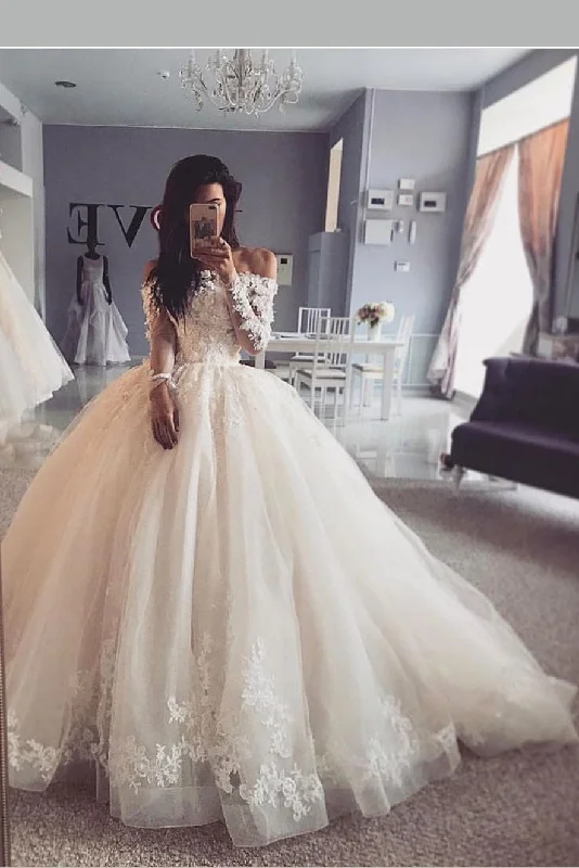 Lace Off-the-shoulder Sleeves Wedding Gown Tulle Skirt linen skirt natural