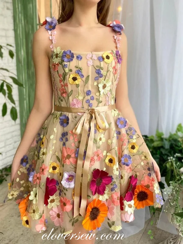 3D Floral Lace Square Neck Sleeveless Short Party Dresses, CP1015 Tunics Gym athletic 3D Floral Lace Square Neck Sleeveless Short Party Dresses, CP1015 Tunics Gym athletic