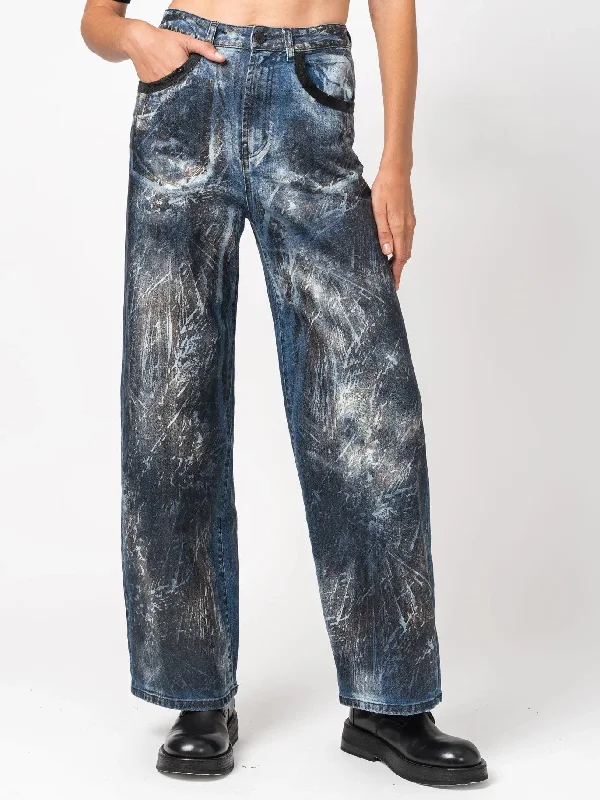 Blue Dirty Laser Wide-Leg Pants Comfortable Denim Trousers