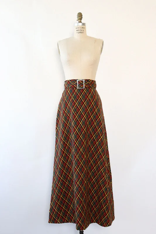 Belted Plaid Maxi Skirt S/M velvet skirt glossy