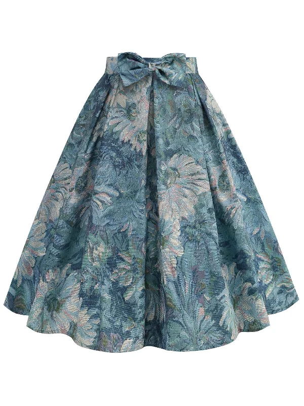 Retro Blue 1950s Lotus Painting Bow Skirt elastic waist skirt