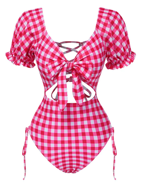 Red 1950s Gingham Plaid Hollow Puff Swimsuit Sexy Cutout Swimsuit