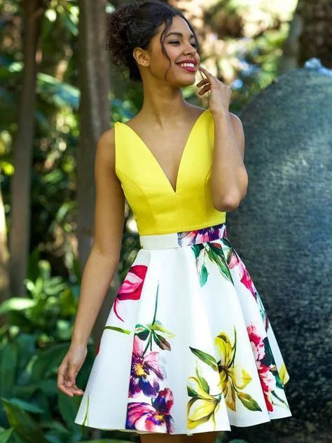 Cute Floral Print Homecoming Dresses V neck Chic Short Prom Dress Party Dress JK706 Tunics Sophisticated sleek Cute Floral Print Homecoming Dresses V neck Chic Short Prom Dress Party Dress JK706 Tunics Sophisticated sleek