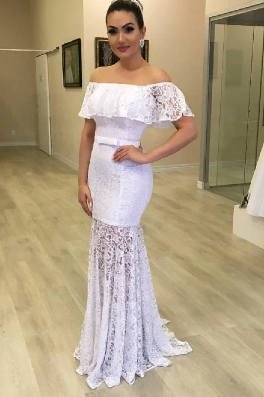 Lace Off-the-shoulder White Bridal Gown with Sheer Skirt velvet skirt glossy