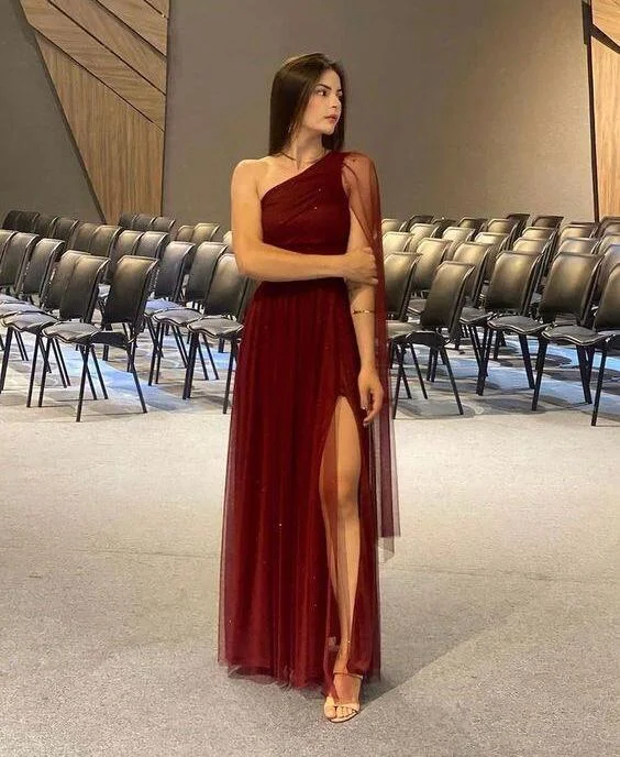 Rust Red One Shoulder A-Line Tulle Evening Gown Formal Long Party Dress, DP3316 Tunics Cozy soft Rust Red One Shoulder A-Line Tulle Evening Gown Formal Long Party Dress, DP3316 Tunics Cozy soft