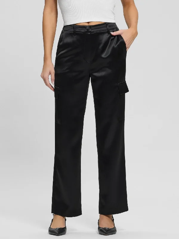 Black Megan Cargo Satin Pant Cozy Lounge Pants