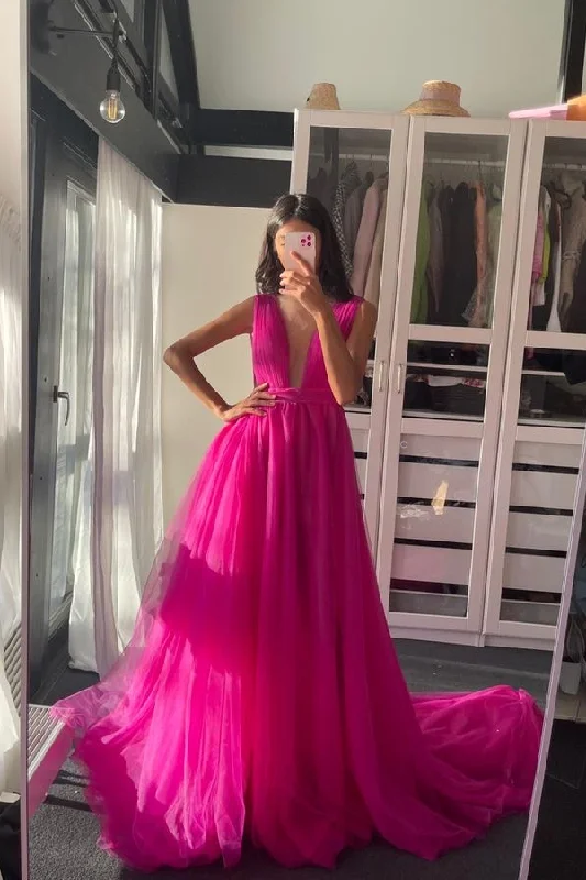 V-neck Fuchsia Prom Gown A-line Tulle Skirt boho skirt vibe