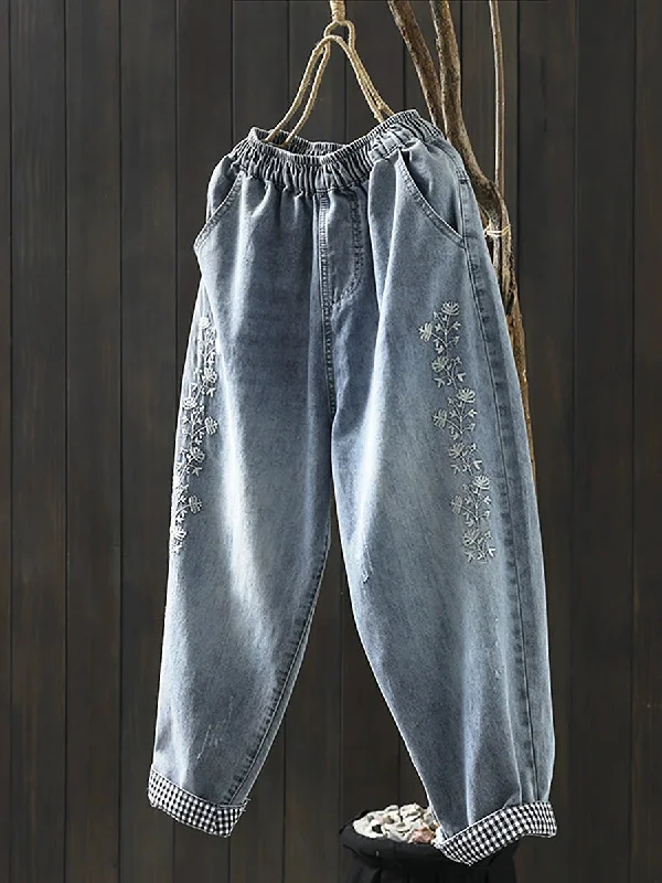 Women Spring Retro Flower Embroidery Denim Harem Pants Fashionable Track Pants