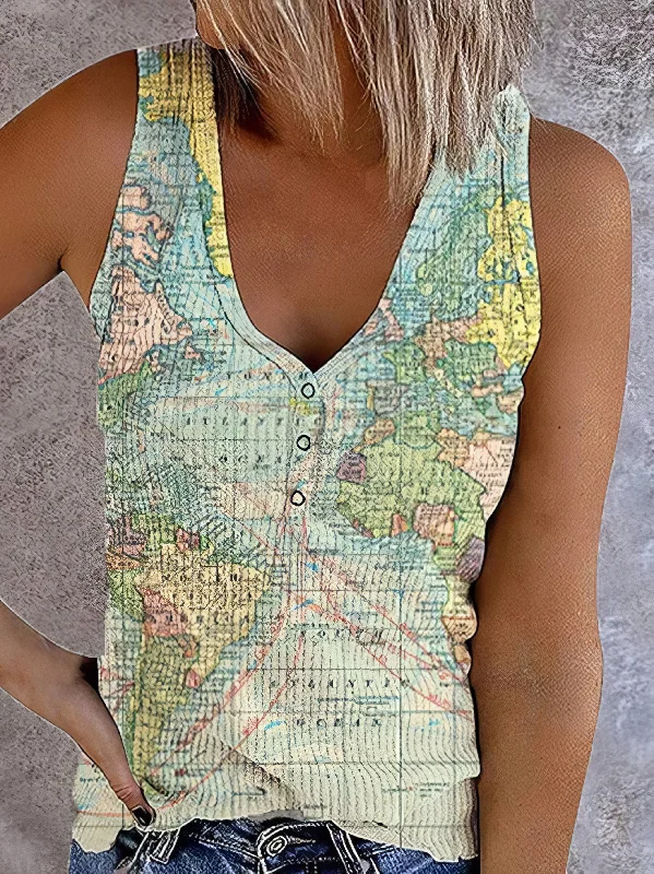 Button Map Print V-neck Tank Top - Bare - Off-Shoulder - Scoop - U-Shape cutout tank top Button Map Print V-neck Tank Top - Bare - Off-Shoulder - Scoop - U-Shape cutout tank top