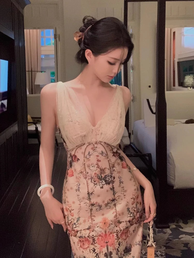 Advbridge French Vintage Y2k V-Neck Midi Dress Women Casual Evening Party Dress Beach Style Boho Retro Elegant One Piece Dress Korean Tunics Luxurious high-end Advbridge French Vintage Y2k V-Neck Midi Dress Women Casual Evening Party Dress Beach Style Boho Retro Elegant One Piece Dress Korean Tunics Luxurious high-end