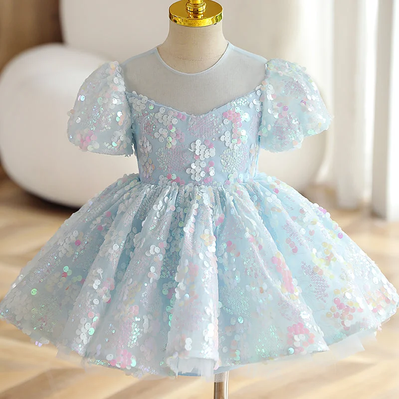 Baby Girl and Toddler Summer Blue Sequin Pageant Puffy Princess Party Dress Pencil Length Work Baby Girl and Toddler Summer Blue Sequin Pageant Puffy Princess Party Dress Pencil Length Work