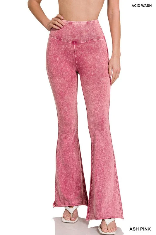 ASH PINK ACID WASH HIGH WAIST RAW EDGE HEM PANTS Formal Stretch Pants